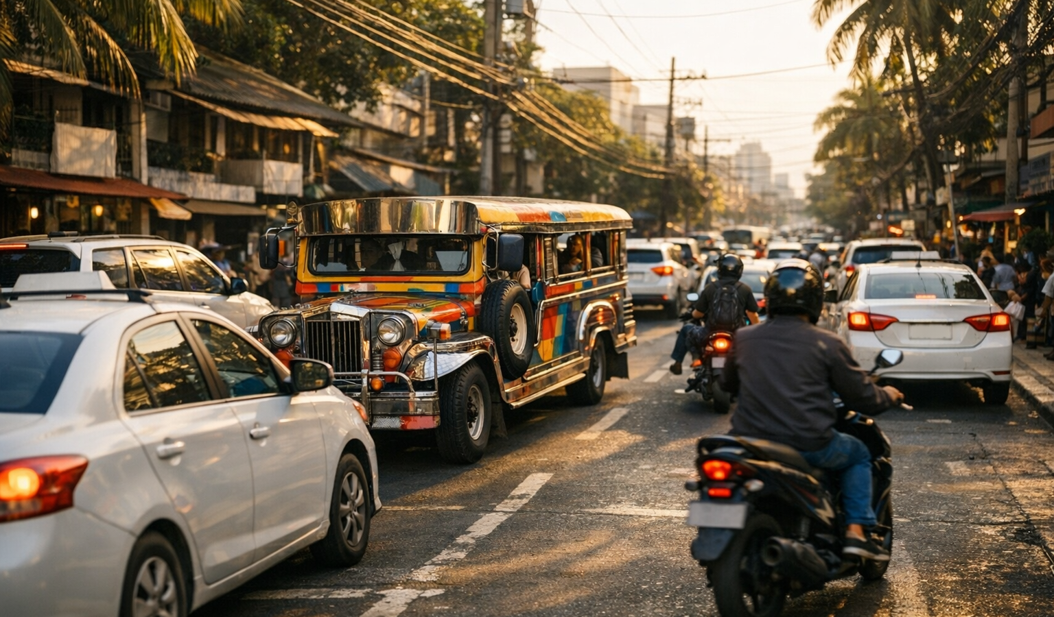 マニラの道路を走るジプニーとタクシー、バイク(AI生成イメージ)